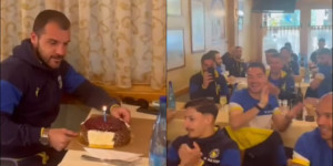 Η τούρτα στον Καλτσά πριν το ματς με τον Ατρόμητο και οι ευχές του Μακέντα στον "παππού" (vid)